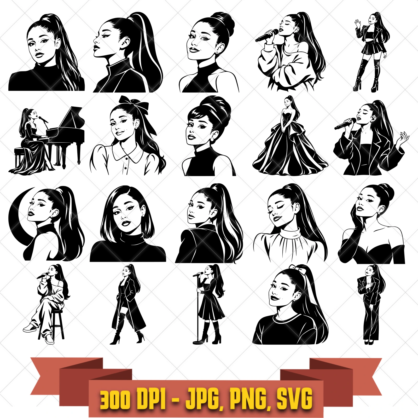 Ariana Grande SVG Bundle, 20 pop singer portrait and performance designs, Cricut Silhouette Cut Files, Transparent PNG JPG Clipart in the pop-disco-icons collection by KleanKutChaos.