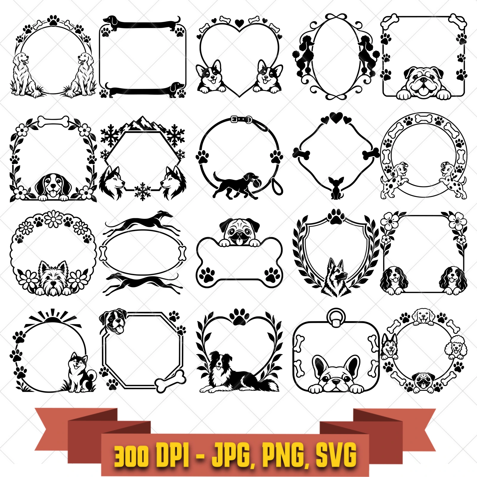 Dog Frames SVG Bundle, 20 dog portrait frame and pet memorial designs, Cricut Silhouette Cut Files, Transparent PNG JPG Clipart in the pets-memorials collection by KleanKutChaos.