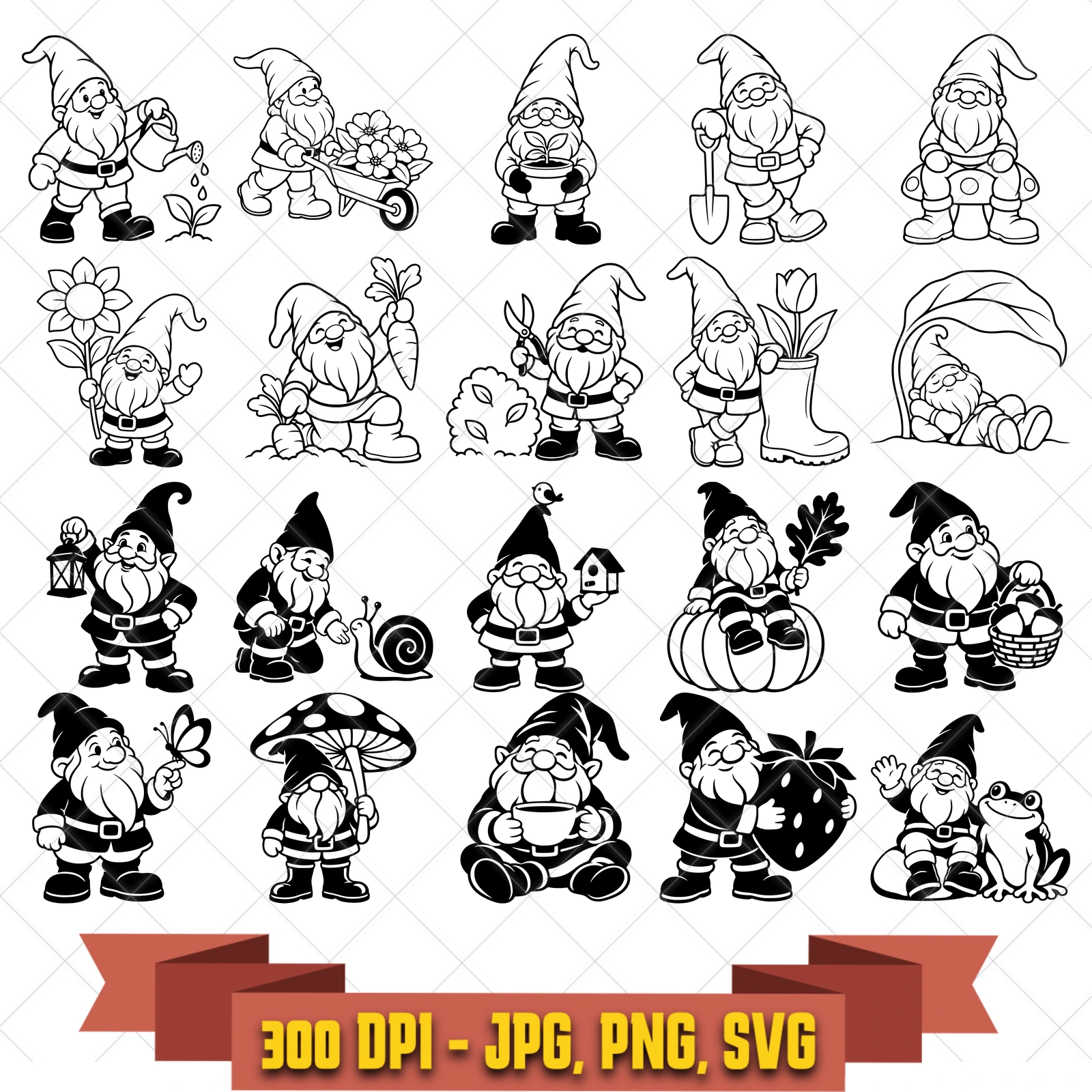 Garden Gnomes SVG Bundle, 20 whimsical garden gnome designs, Cricut Silhouette Cut Files, Transparent PNG JPG Clipart in the garden-botanicals collection by KleanKutChaos.