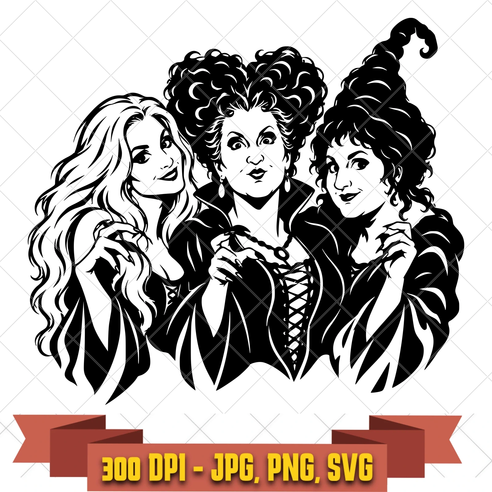 Sisters Trio Hocus Pocus SVG PNG JPG, Cricut Silhouette Cut File, Sublimation Clipart, in the witches-magic collection by KleanKutChaos.