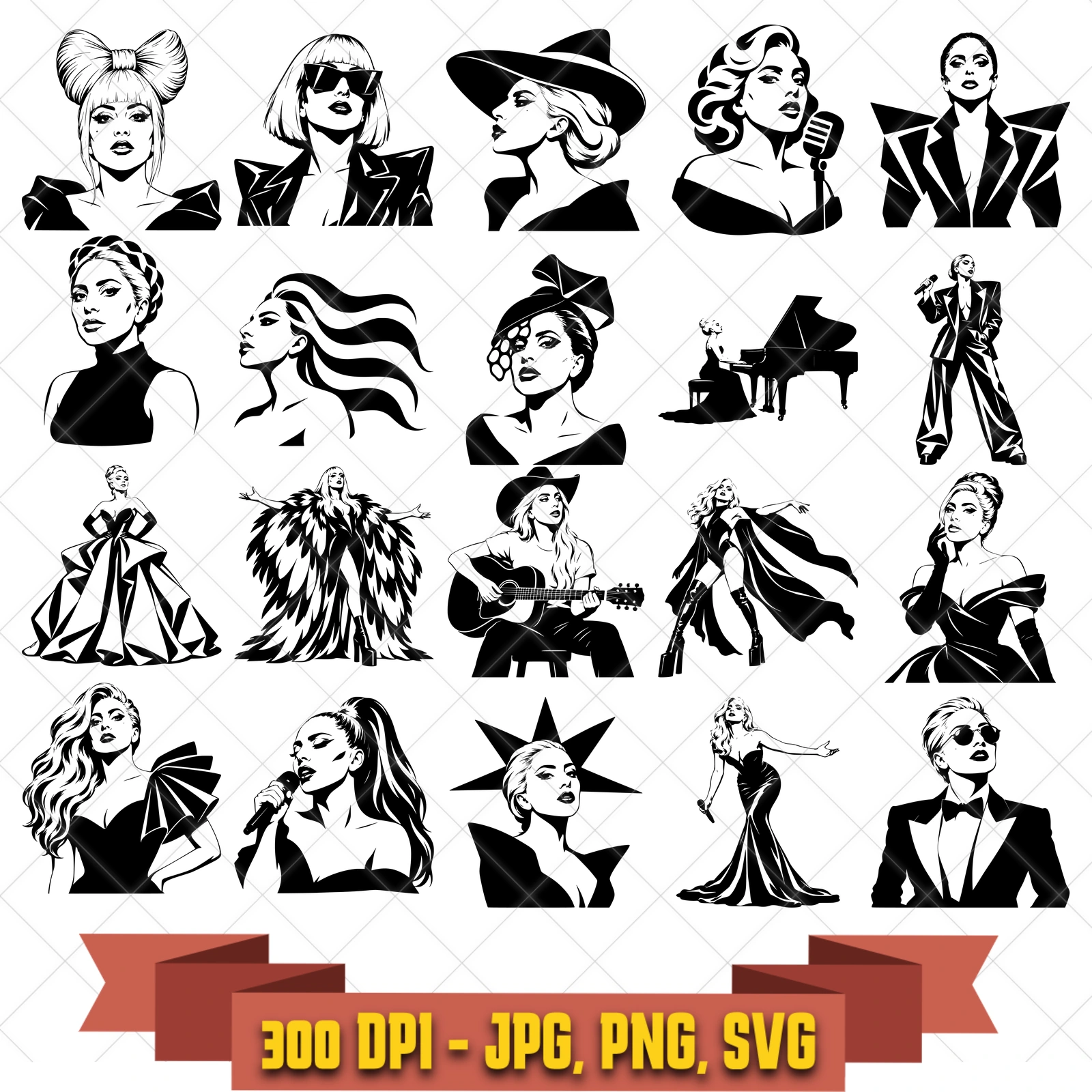 Lady Gaga SVG Bundle, 20 pop singer fashion and performance designs, Cricut Silhouette Cut Files, Transparent PNG JPG Clipart in the pop-disco-icons collection by KleanKutChaos.